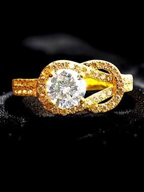 Gold Double Halo Twist Ring with Center Cubic Zirconia - Women Jewelry